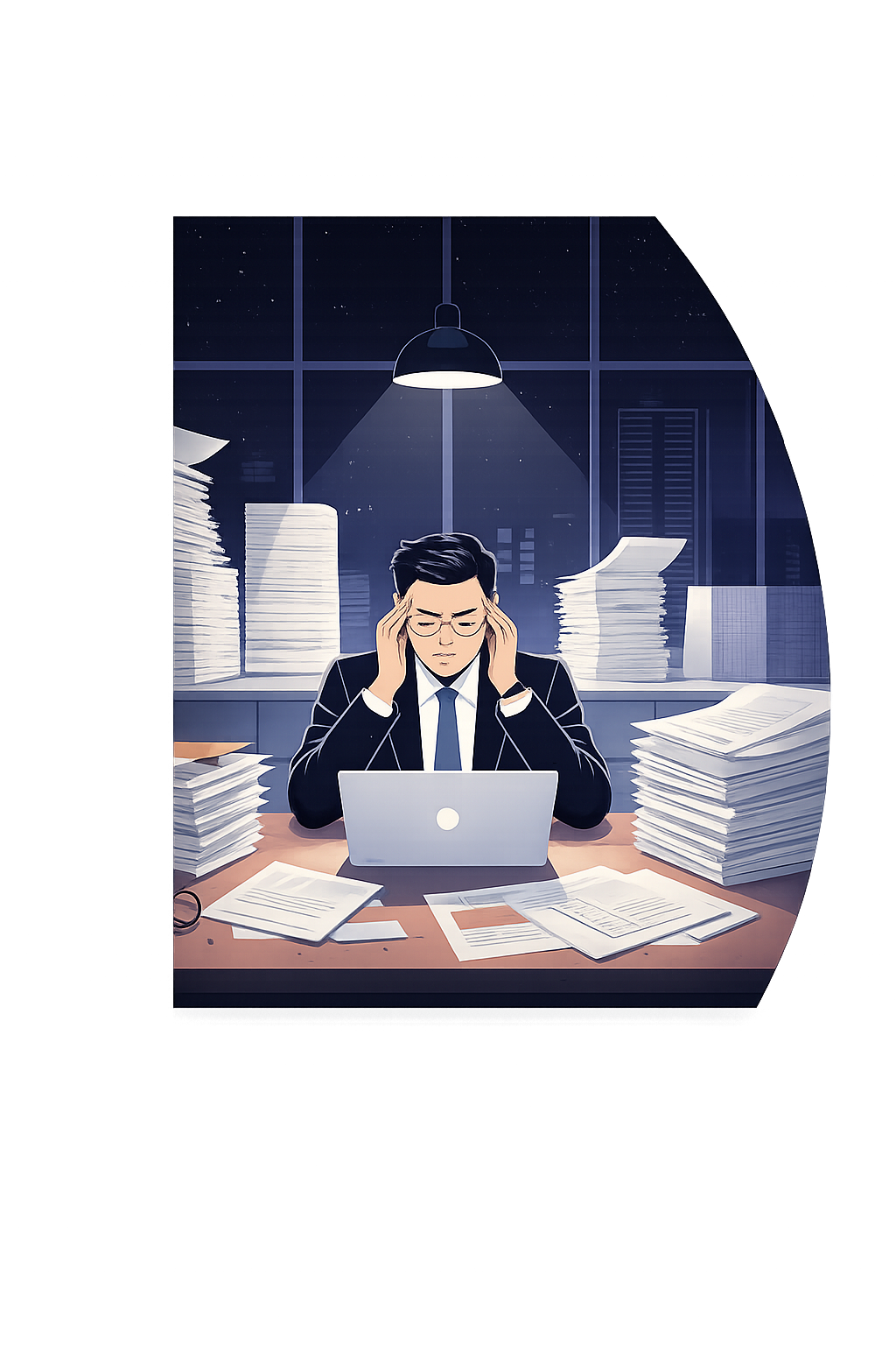 Stressed businessman overwhelmed at a cluttered office desk, representing the chaos of unmanaged finances